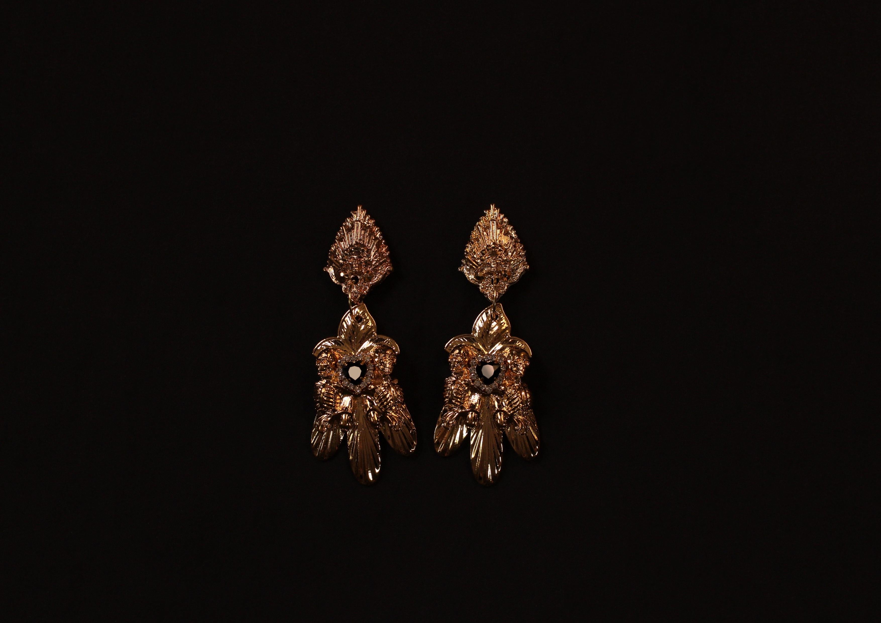Women's or Men's Lorna Earrings, Hand Sculpted Gothic Floral Tribute in 24k Gold, unique Luxury For Sale