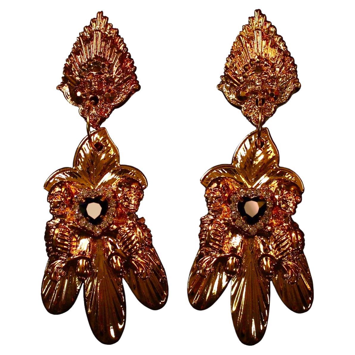 Lorna Earrings, Hand Sculpted Gothic Floral Tribute in 24k Gold, unique Luxury For Sale
