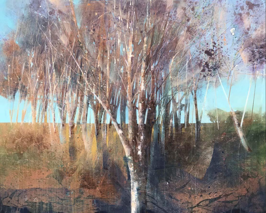 Birch Copse - contemporary tree landscape birches acrylic painting - Painting by Lorna Holdcroft-Kirin