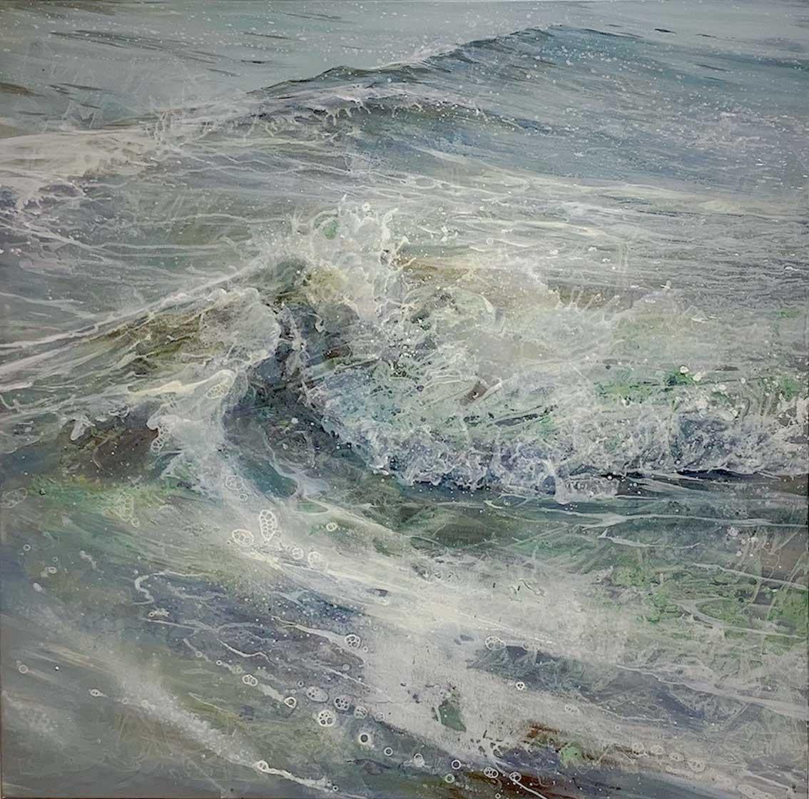 Tidal Dance - contemporary seascape ocean wave splash acrylic painting square - Painting by Lorna Holdcroft-Kirin