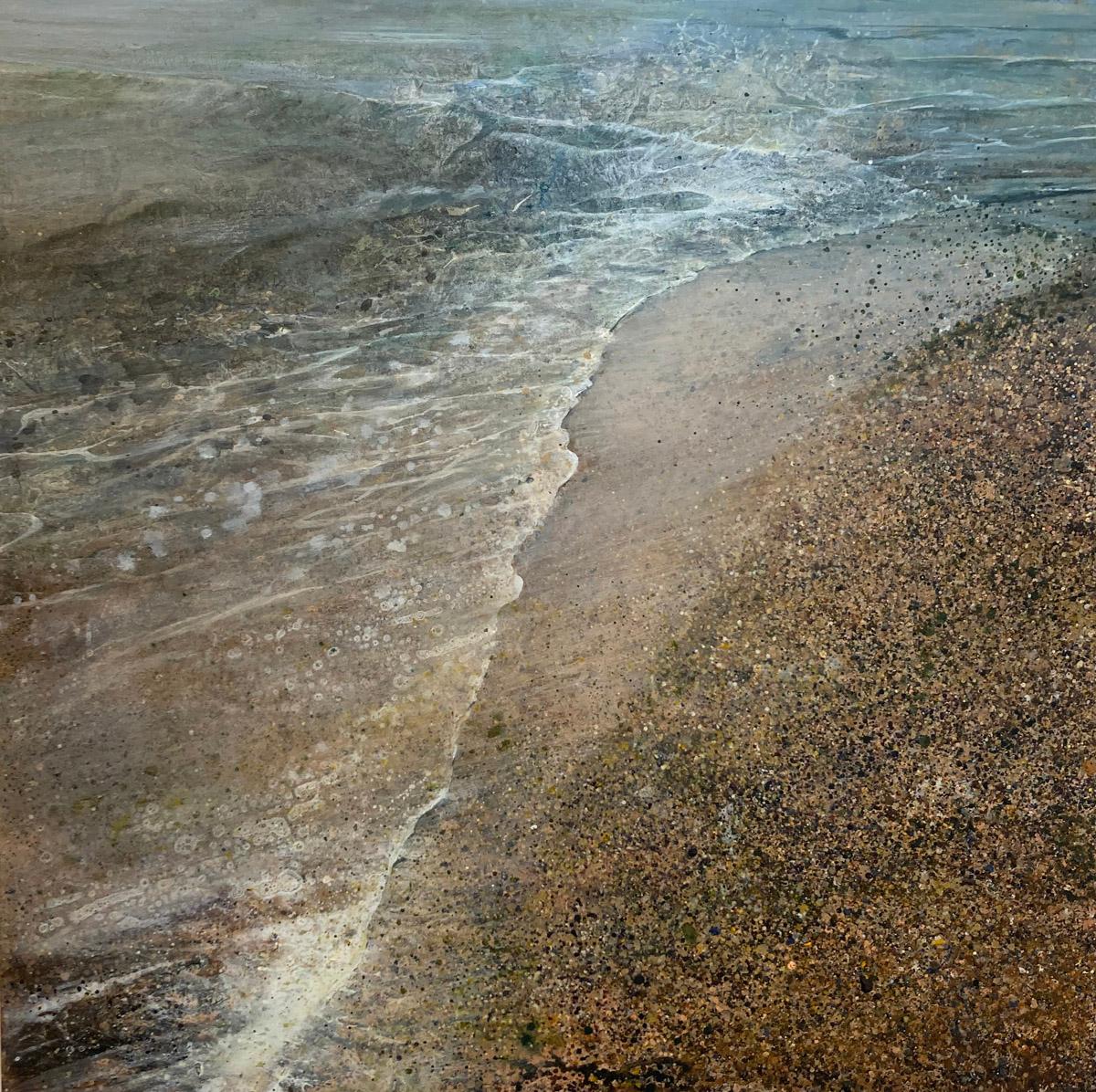 Lorna Holdcroft-Kirin Landscape Painting - Tidal Estuary - contemporary coastal seascape beach pebbles acrylic painting