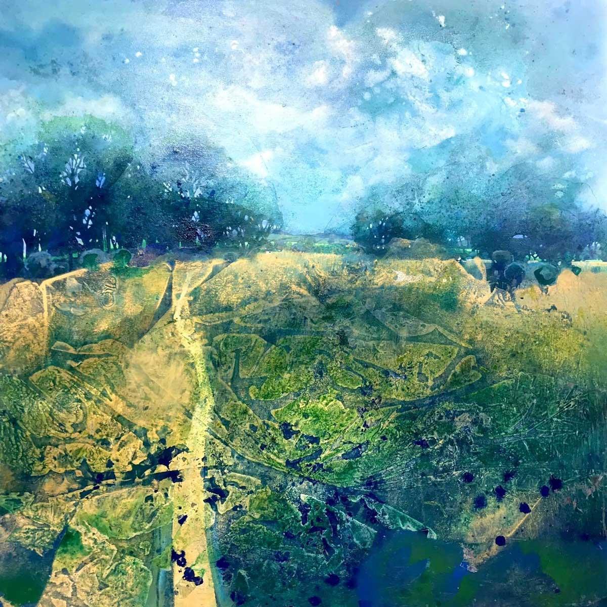 Lorna Holdcroft-Kirin Landscape Painting - Weathered Meadow - Vibrant Figurative Landscape / Acrylic Paint on Canvas