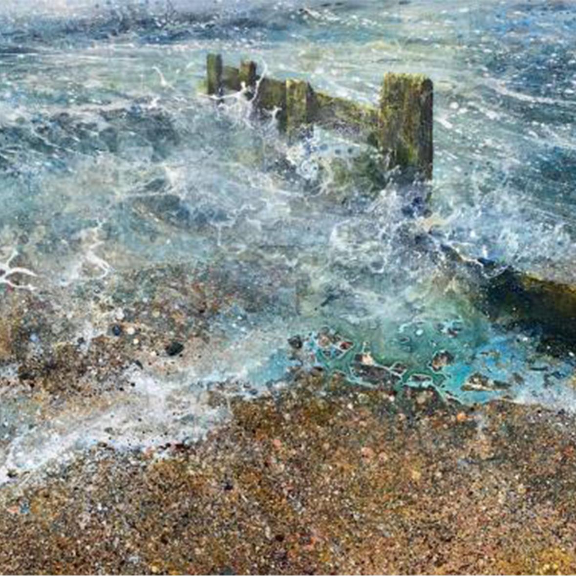 Lorna Kirin Landscape Painting - Brightlingsea Groyne- canvas, Seascape, coastal, beach, nautical, acrylic