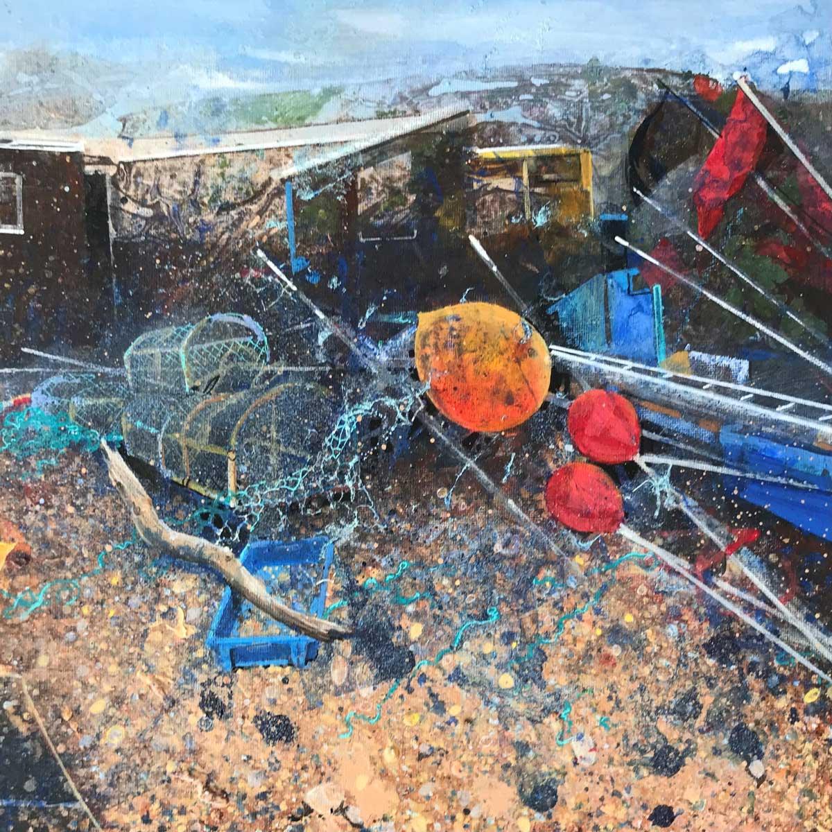 Lorna Kirin Landscape Painting - Fishing Nets - canvas, Seascape, coastal, beach, colourful, nautical, acrylic