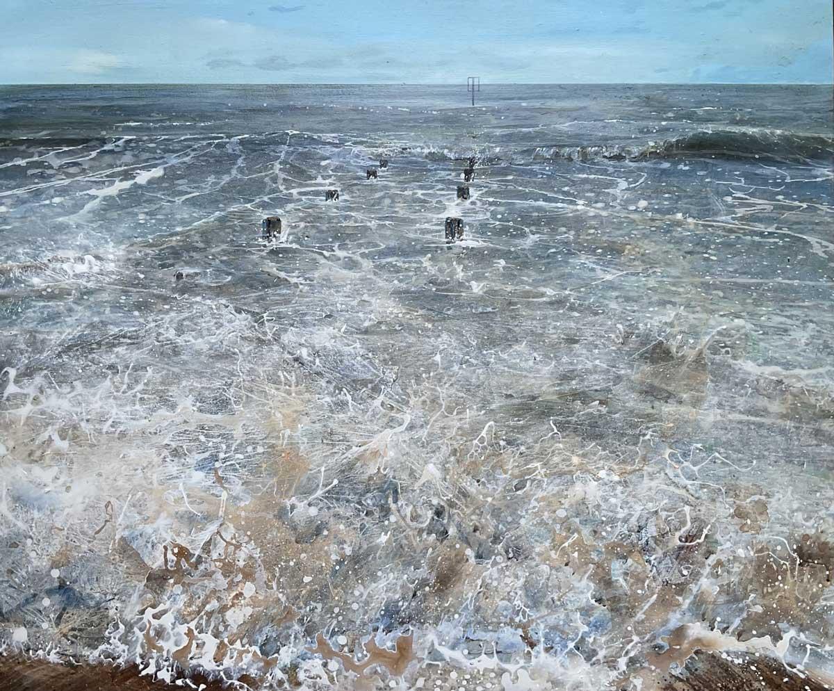 The Marker - canvas, Seascape, coastal, beach, nautical, acrylic - Painting by Lorna Kirin
