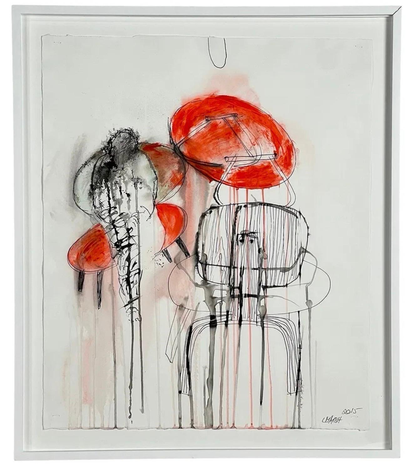 Lorna Marsh (1949-2022)
Acryl auf Papier (Mischtechnik)
Handsigniert und datiert
Stühle, Tisch und Figur
2015

Originelles Meisterwerk von Lorna Marsh. Dieses dynamische Werk, das mit Acryl und lavierter Tinte auf Papier geschaffen wurde, ist ein