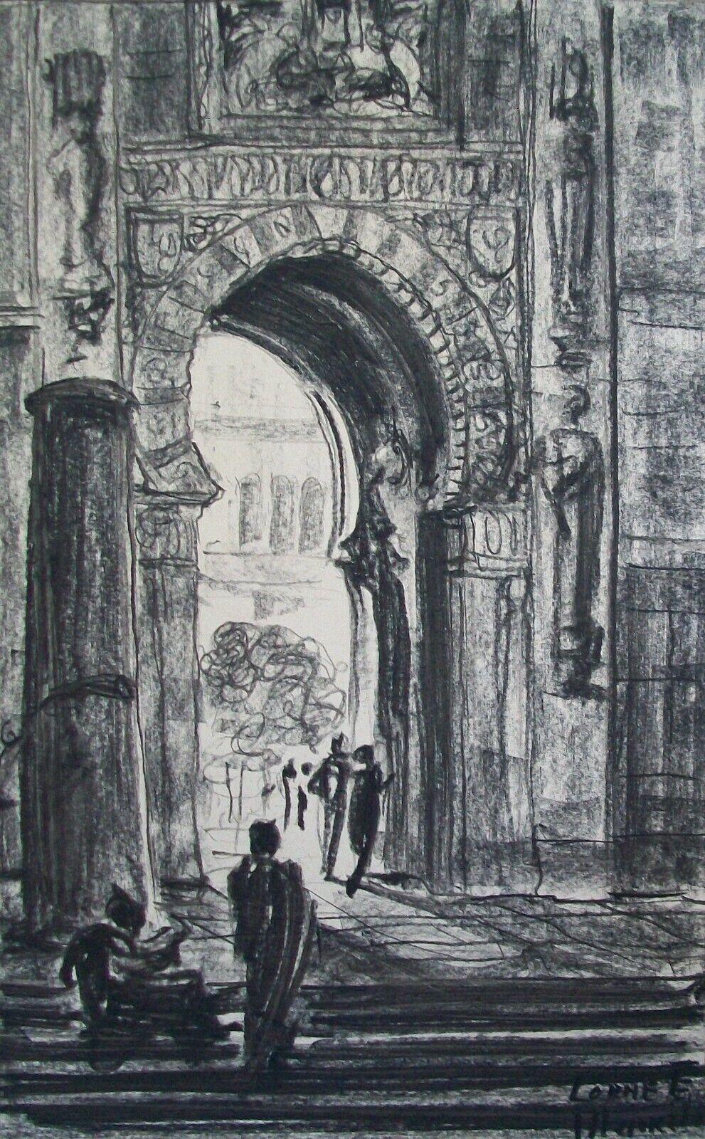 LORNE E. MARKEL (Indistinctly Signed - Unknown/Unidentified Artist) - 'Cordova Mosque' - Antique Orientalist charcoal drawing on paper - architectural study of the 'Great Mosque of Cordoba' with the 'Court of Oranges' in the distance - signed, dated