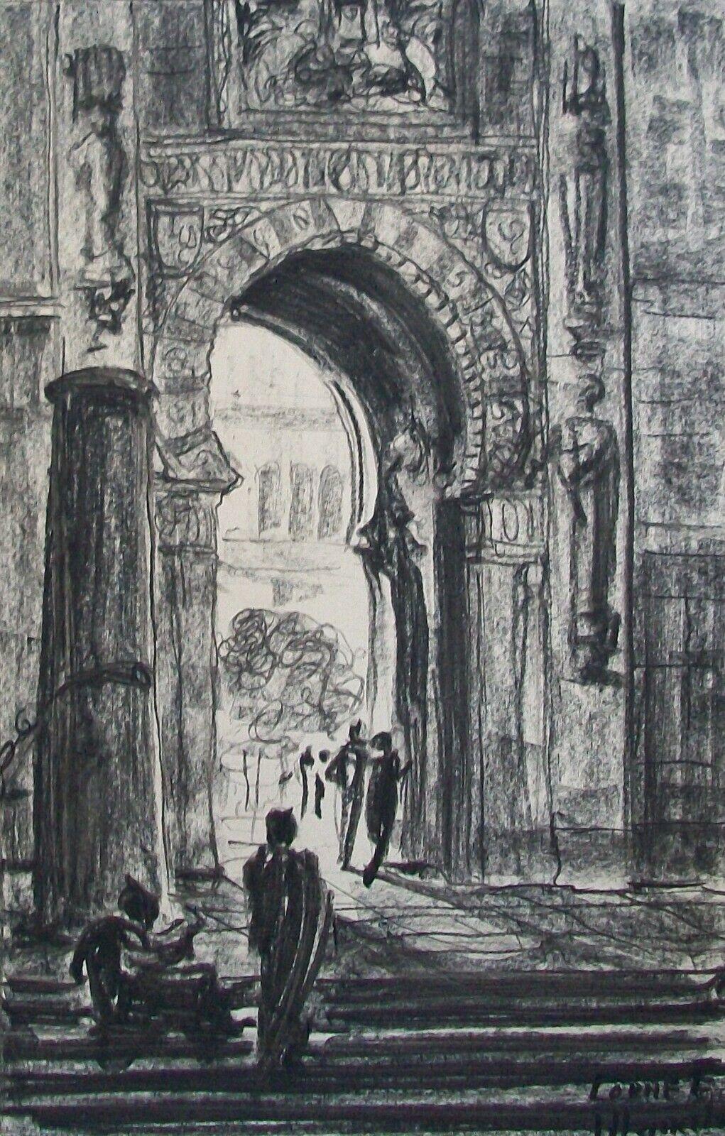 Hand-Painted LORNE E. MARKEL - 'Cordova Mosque' - Orientalist Charcoal Drawing, Circa 1911 For Sale