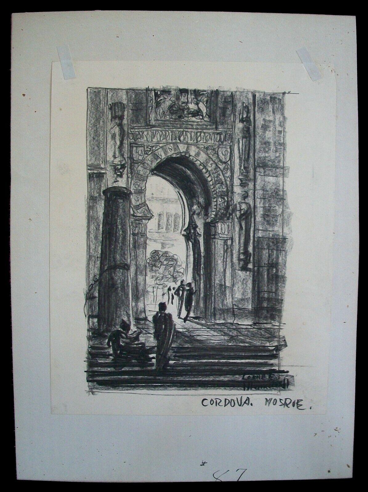 Paper LORNE E. MARKEL - 'Cordova Mosque' - Orientalist Charcoal Drawing, Circa 1911 For Sale