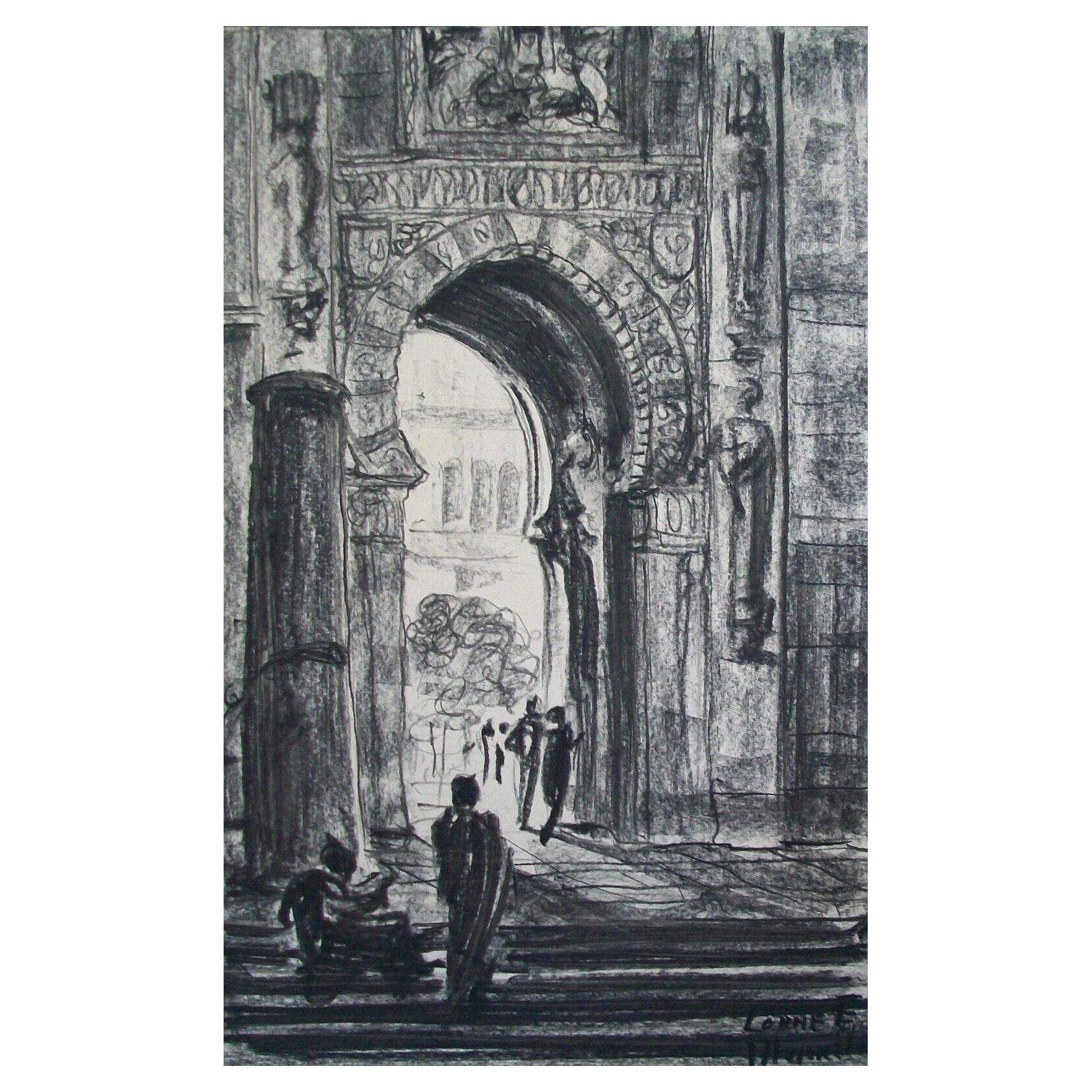 LORNE E. MARKEL - 'Cordova Mosque' - Orientalist Charcoal Drawing, Circa 1911