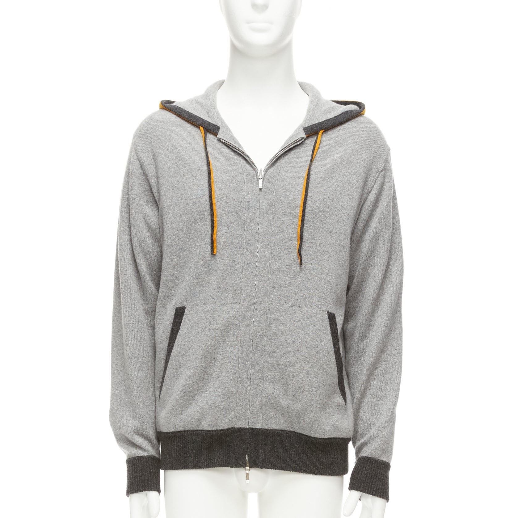 LORO PIANA 100% Baby Kaschmir Grau Grauer Kapuzenpullover mit Tigerdruck und Reißverschluss M
