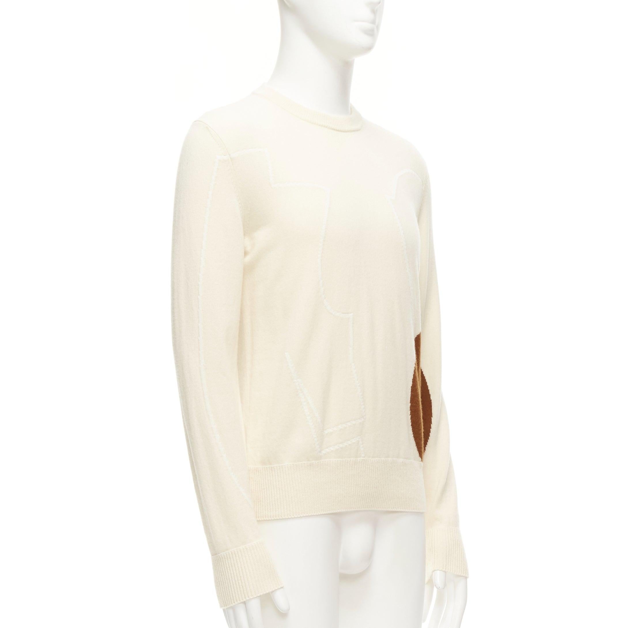 Blanc LORO PIANA 100% cashmere cream brown abstract graphic sweater IT48 M en vente