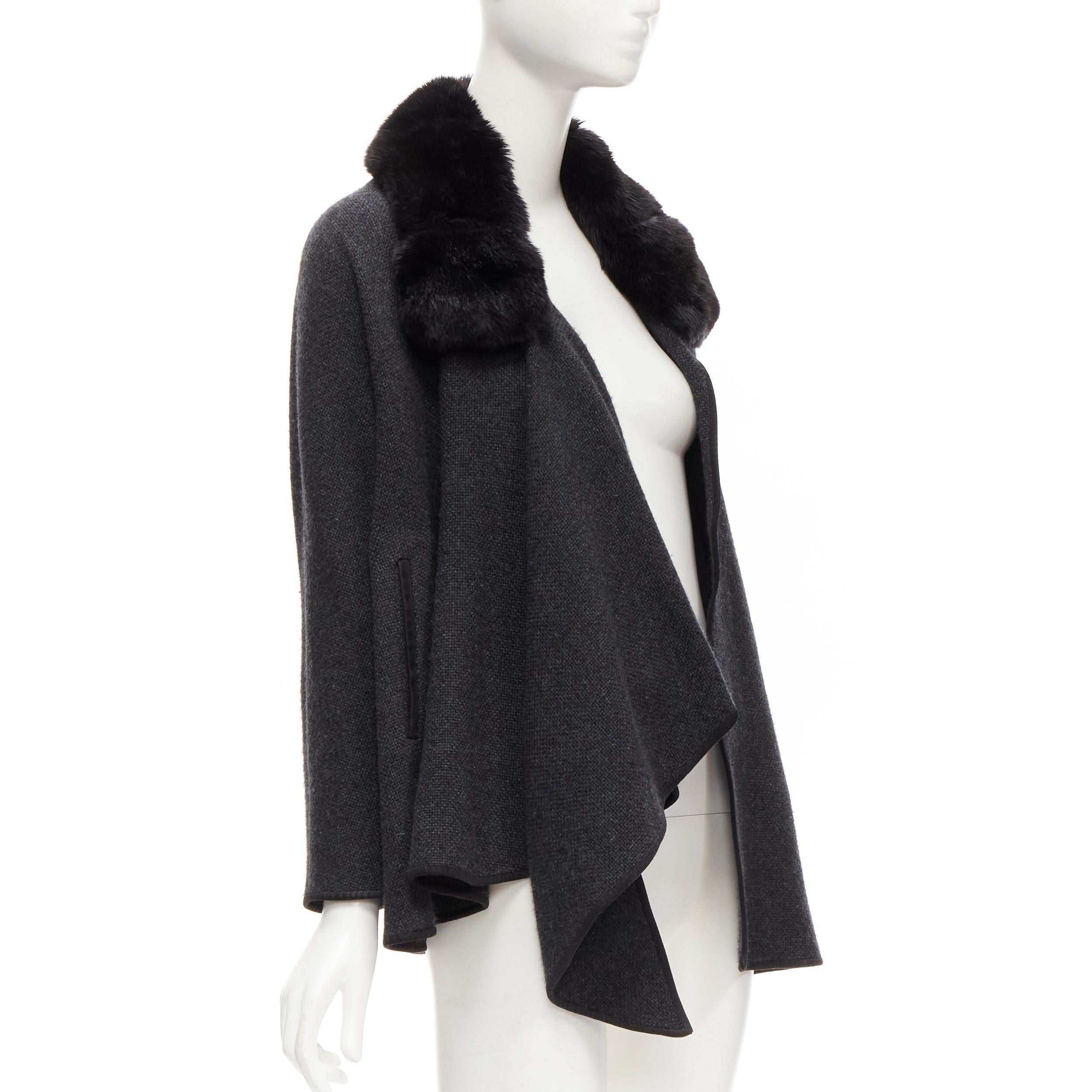 LORO PIANA 100% cashmere dark grey fur collar draped scarf poncho coat S In Good Condition In Hong Kong, NT