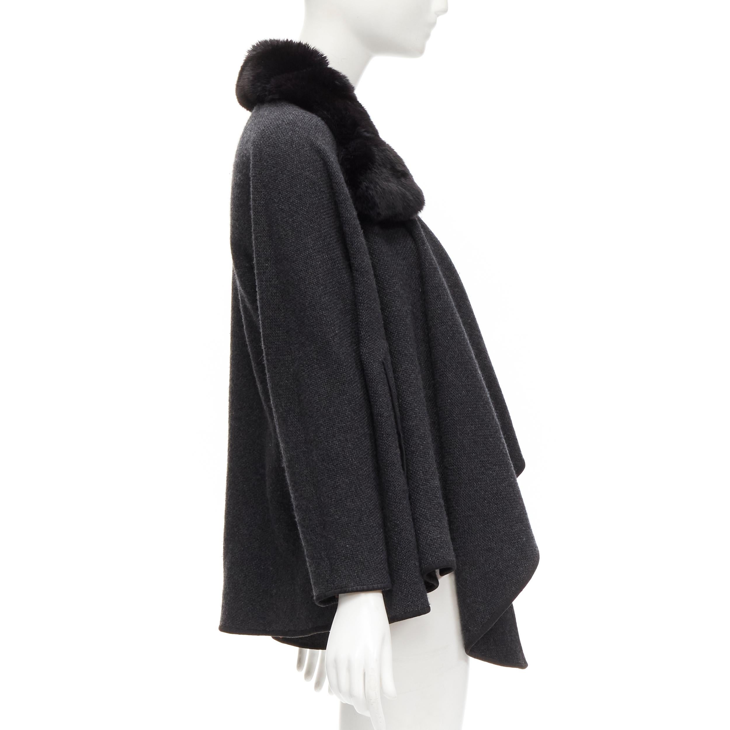 Women's LORO PIANA 100% cashmere dark grey fur collar draped scarf poncho coat S