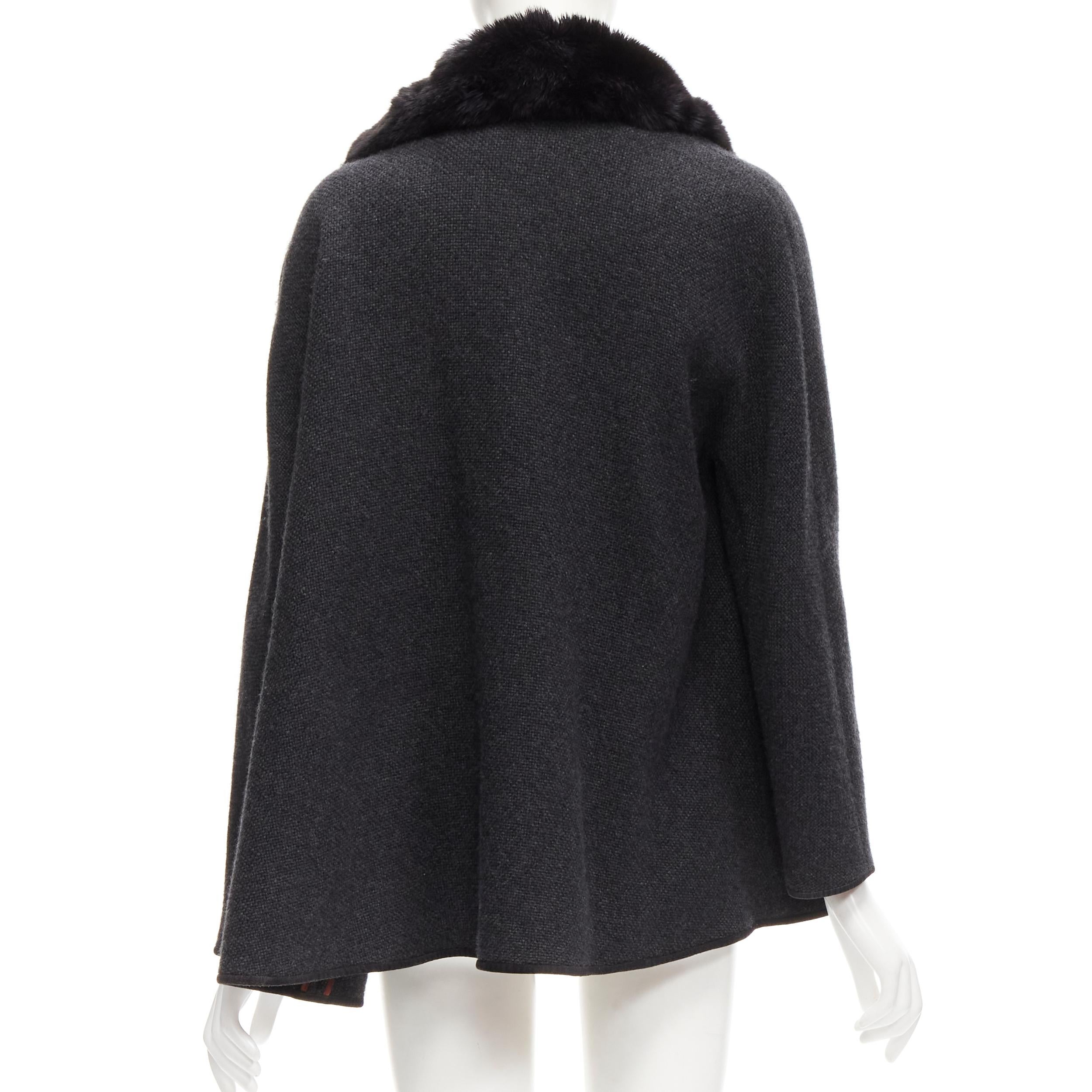 LORO PIANA 100% cashmere dark grey fur collar draped scarf poncho coat S 1