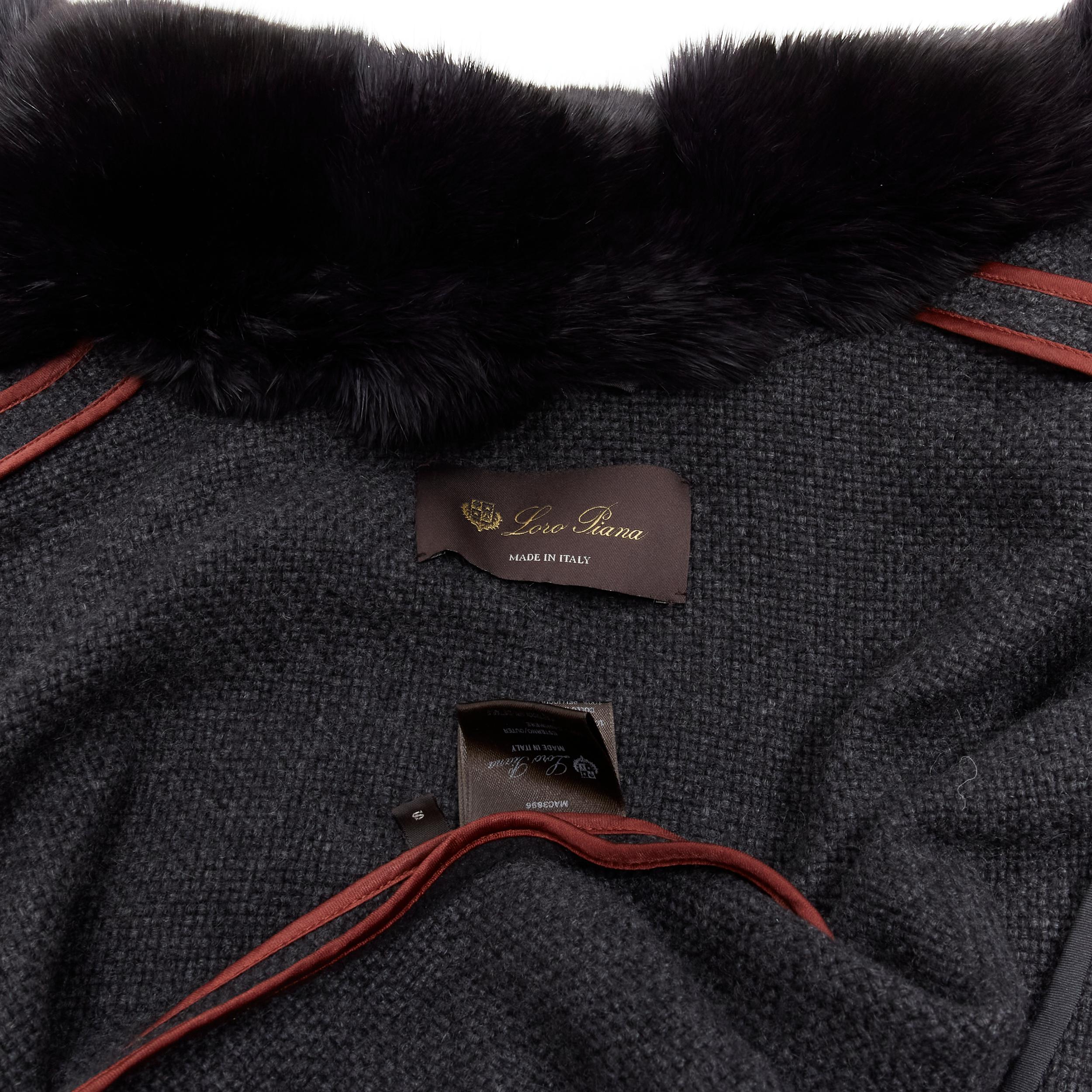 LORO PIANA 100% cashmere dark grey fur collar draped scarf poncho coat S 5