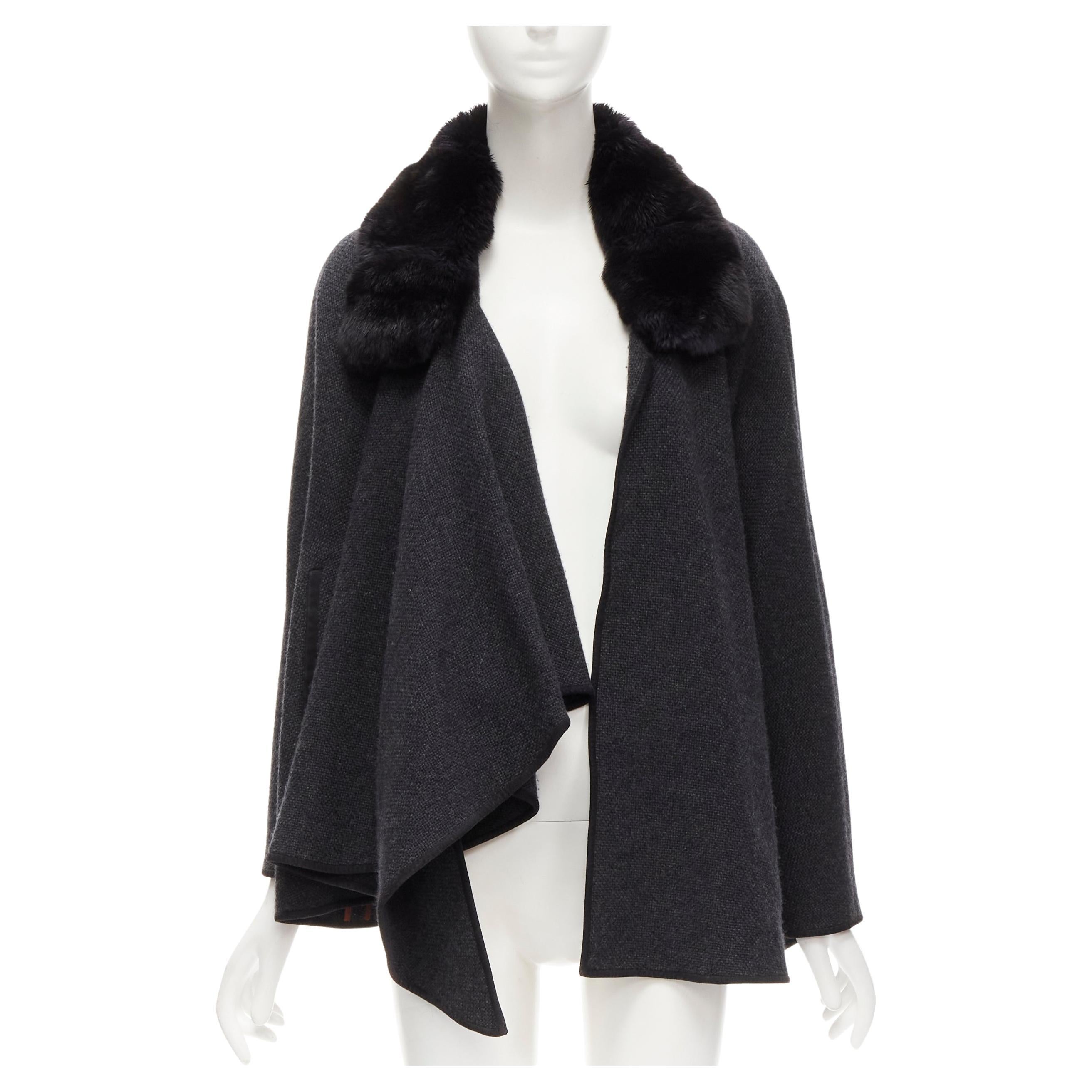 LORO PIANA 100% cashmere dark grey fur collar draped scarf poncho coat S