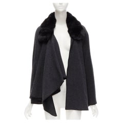 LORO PIANA 100% cashmere dark grey fur collar draped scarf poncho coat S