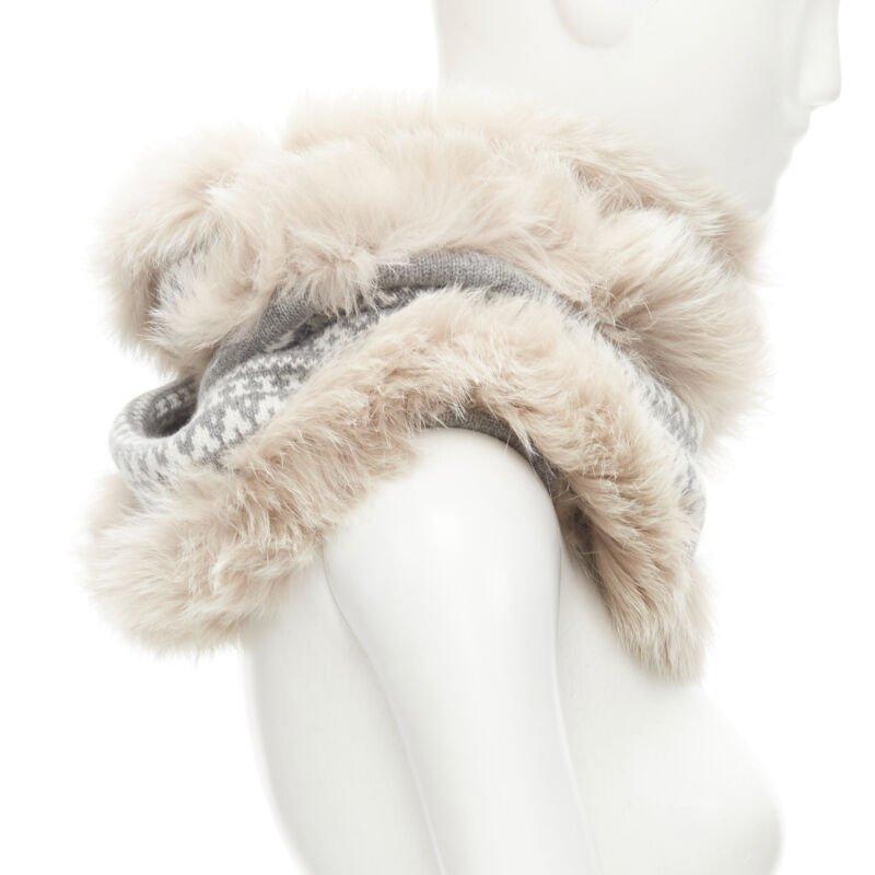LORO PIANA 100% cashmere grey white patterned knit shadow fox trim circle scarf In Excellent Condition In Hong Kong, NT