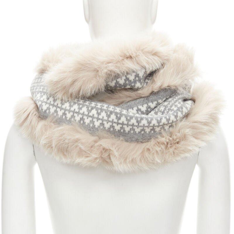Women's LORO PIANA 100% cashmere grey white patterned knit shadow fox trim circle scarf
