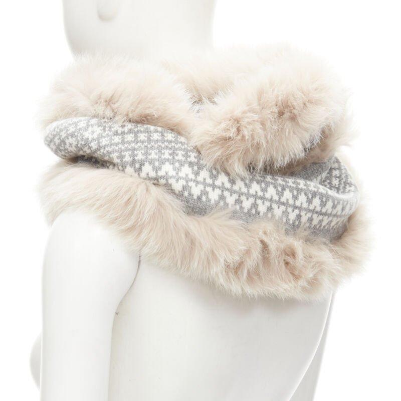LORO PIANA 100% cashmere grey white patterned knit shadow fox trim circle scarf 1