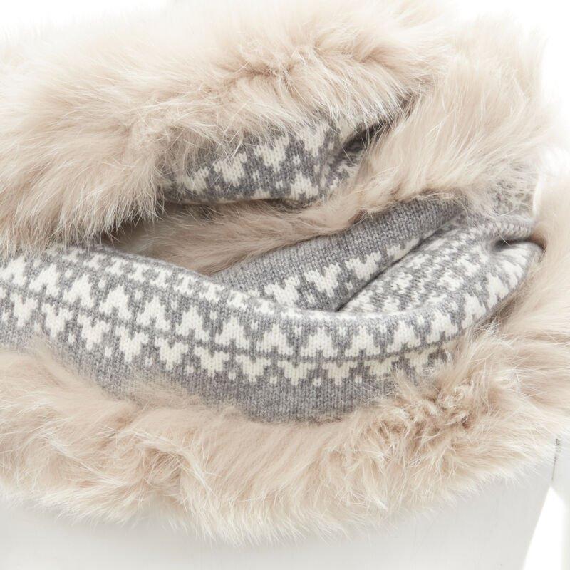 LORO PIANA 100% cashmere grey white patterned knit shadow fox trim circle scarf 2