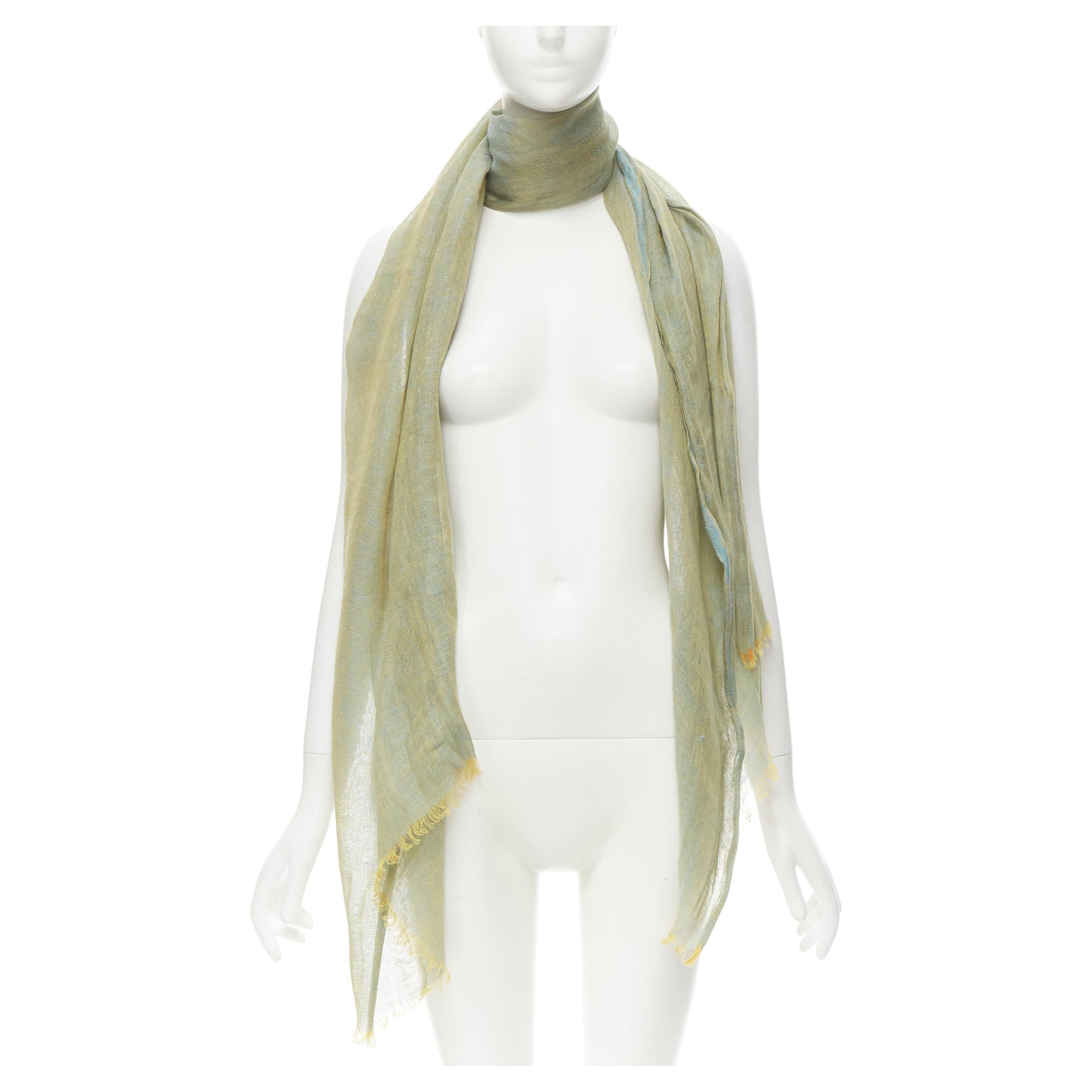 LORO PIANA 100% linen blue yellow shift frayed edge light scarf