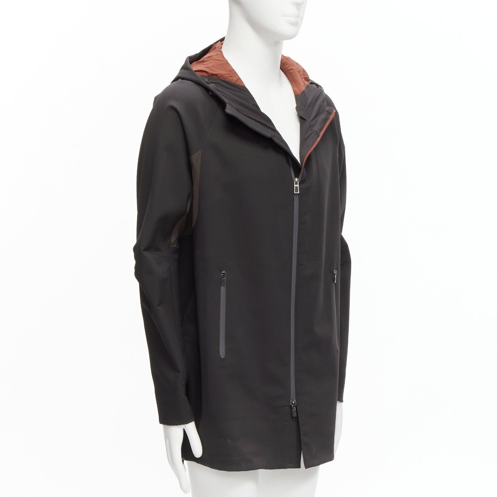 Men's LORO PIANA 175LP khaki green panelled zip up brown lined hooded anorak coat S