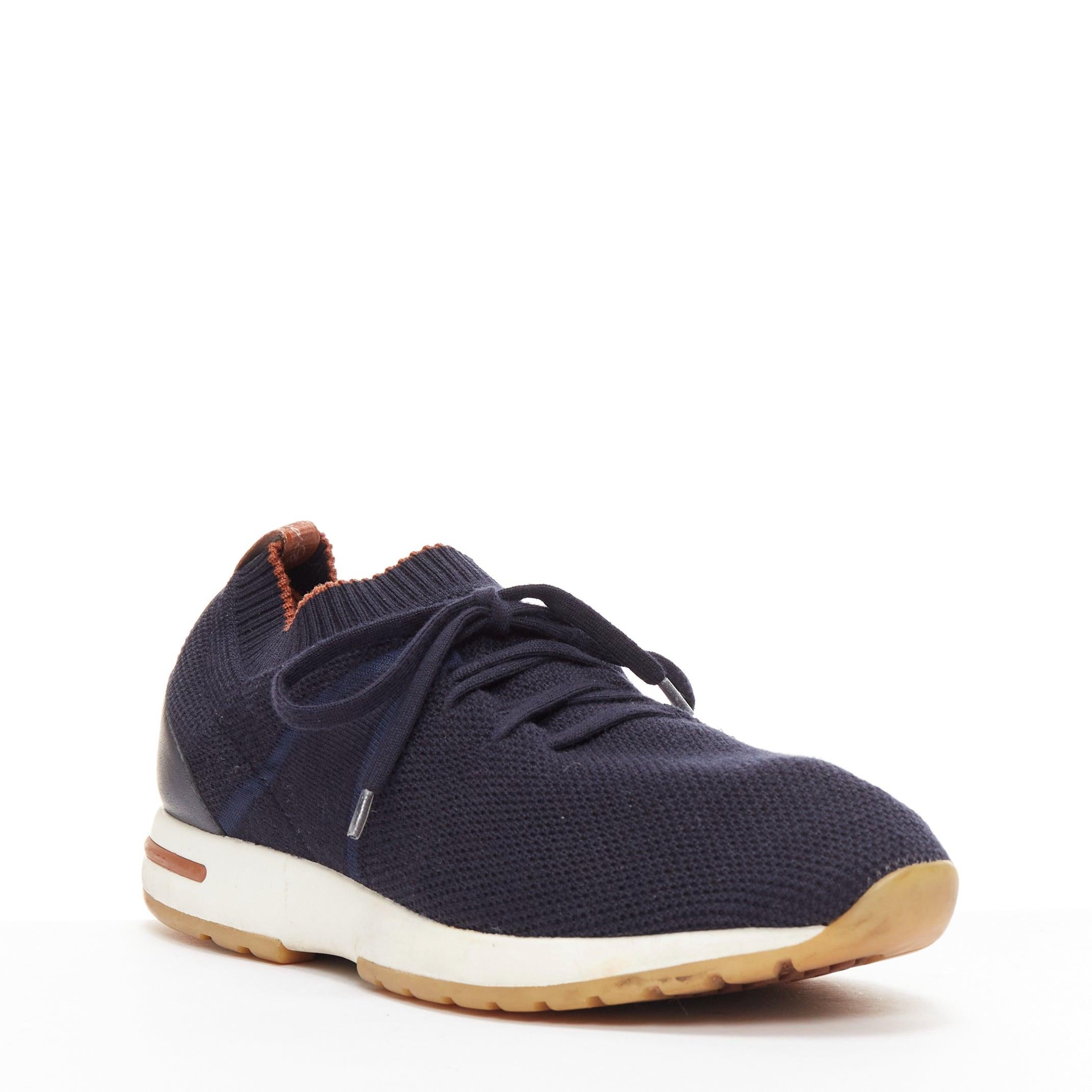LORO PIANA 30 Flexy Walk navy knitted wish silk leather trim sneakers EU41
Reference: YIKK/A00037
Brand: Loro Piana
Material: Fabric
Color: Navy, Brown
Pattern: Solid
Closure: Lace Up
Lining: Brown Leather
Extra Details: Loro Piana's sneakers are