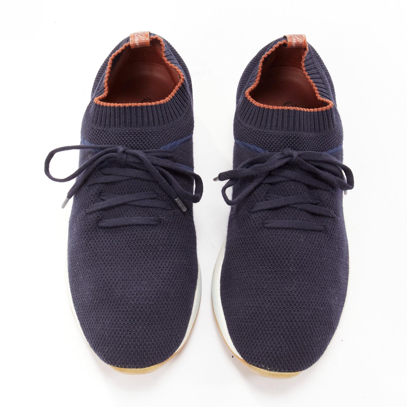 LORO PIANA 30 Flexy Walk navy knitted wish silk leather trim sneakers EU41 In Fair Condition For Sale In Hong Kong, NT