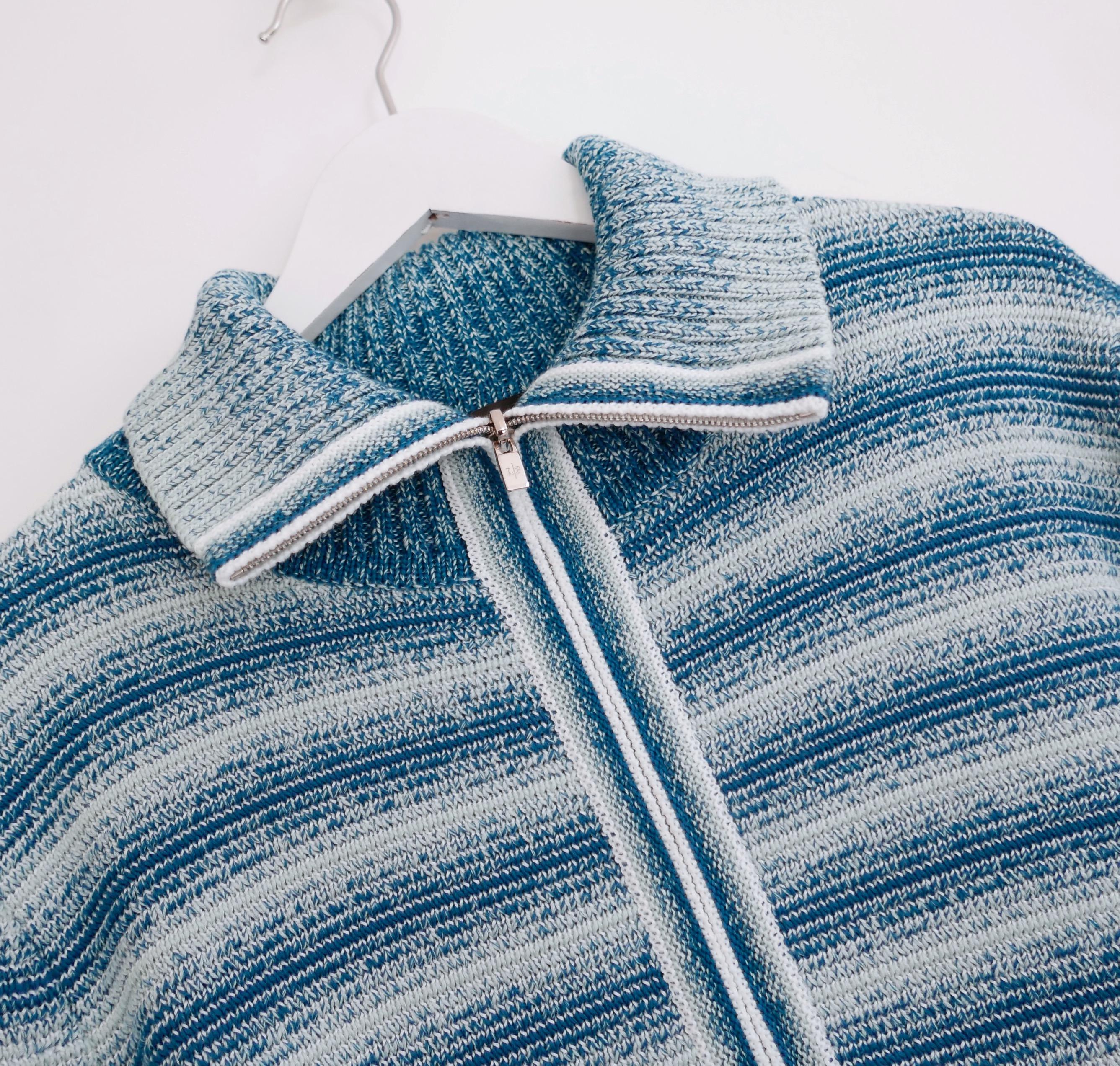 Gorgeous Loro Piana Beau Knit Cornel Bomber jacket - bought for £2250 and new with tags/spare yarn. Made from turquoise blue and white irregular striped silk and cotton with contrast hem and cuffs. It has vertical welt pockets, zip fastening with