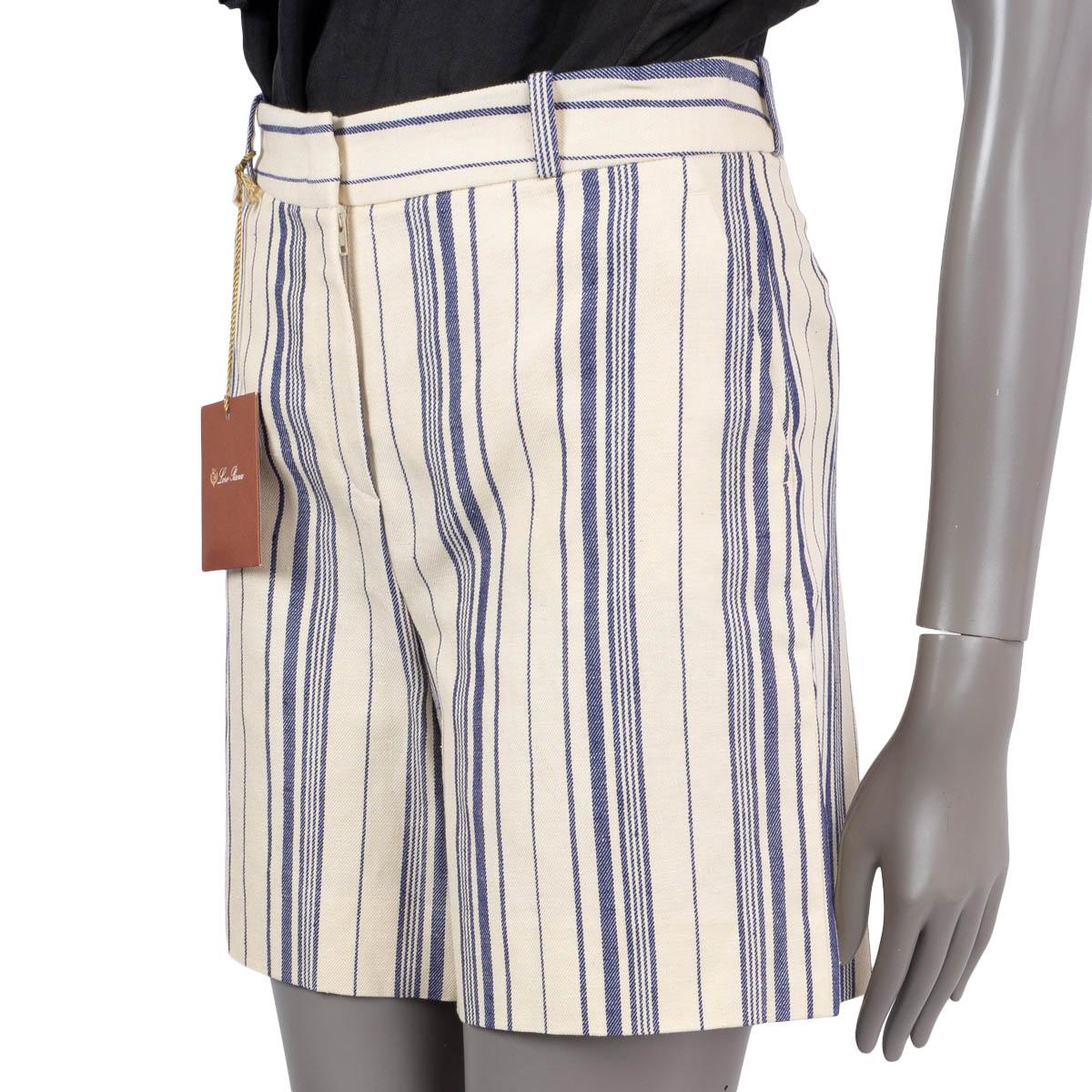 LORO Piana beige & blue cotton & linen STRIPED BERMUDA Shorts Pants 38 XS In Excellent Condition For Sale In Zürich, CH