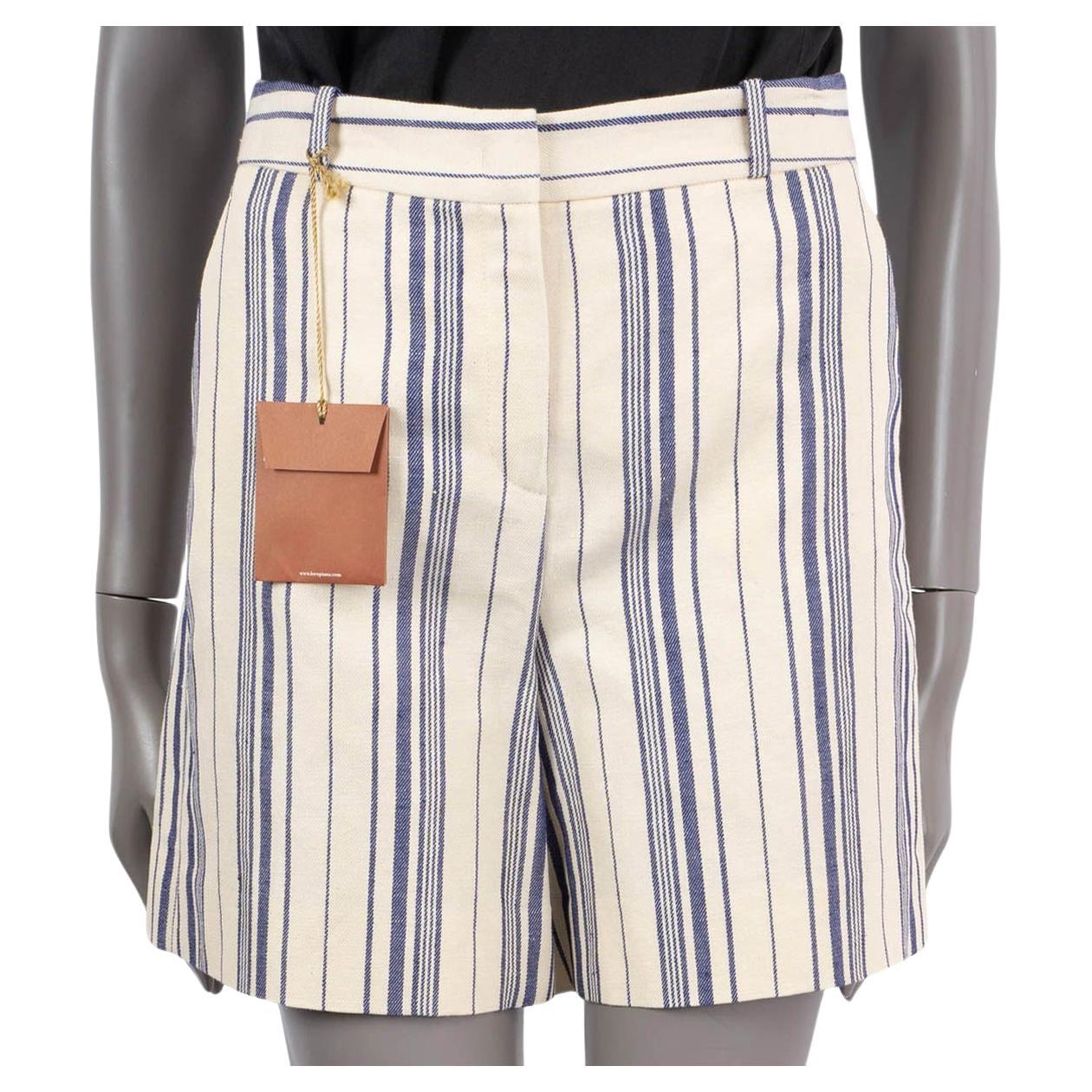 LORO Piana beige & blue cotton & linen STRIPED BERMUDA Shorts Pants 38 XS For Sale