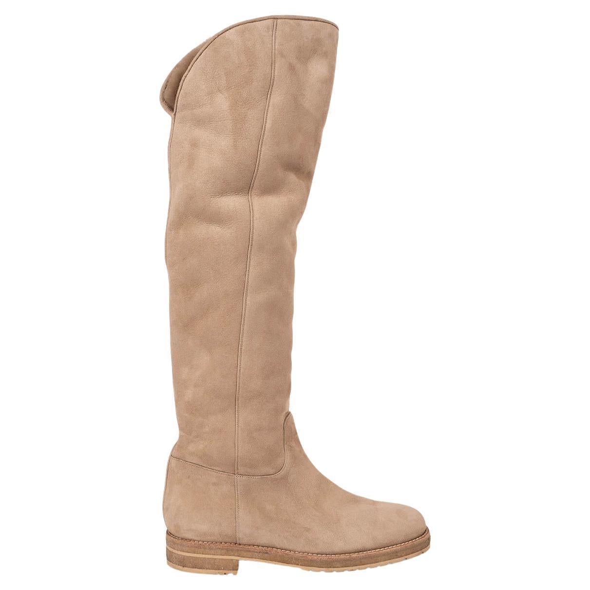 LORO PIANA beige SHEARLING LINED SUEDE OVER KNEE Boots Shoes 41 For Sale