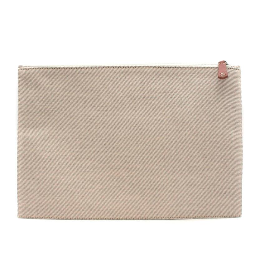 Loro Piana Beige Striped Clutch Bag 

- Beige Clutch 
Material: Cotton and Linen 
Colour: Natural/Saddle Brown
- Fabric with water-repellent, stain resistant finish  
- Multi-striped pattern in brown, red and yellow
- Silver toned zip fastening