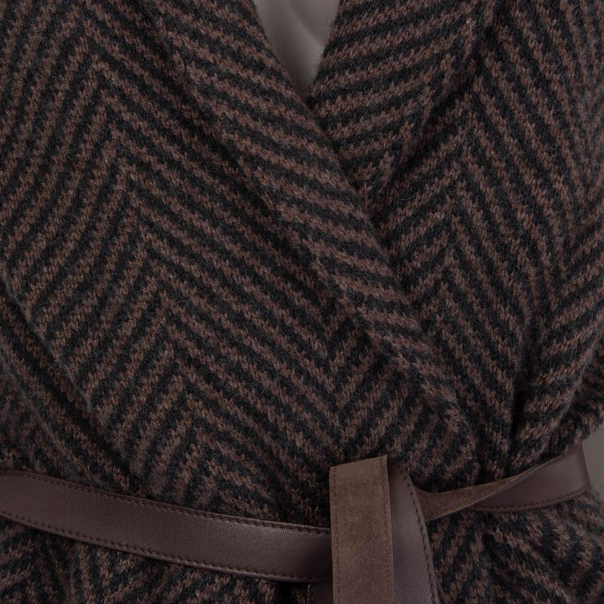 Black LORO PIANA black & brown cashmere CHEVRON BELTED Wrap Cardigan Sweater 38 XS For Sale