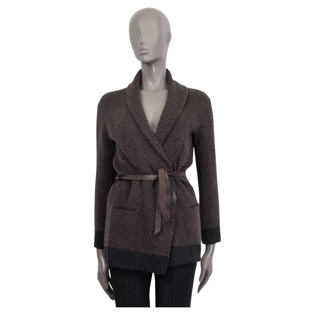 LORO PIANA black & brown cashmere CHEVRON BELTED Wrap Cardigan Sweater 38 XS For Sale