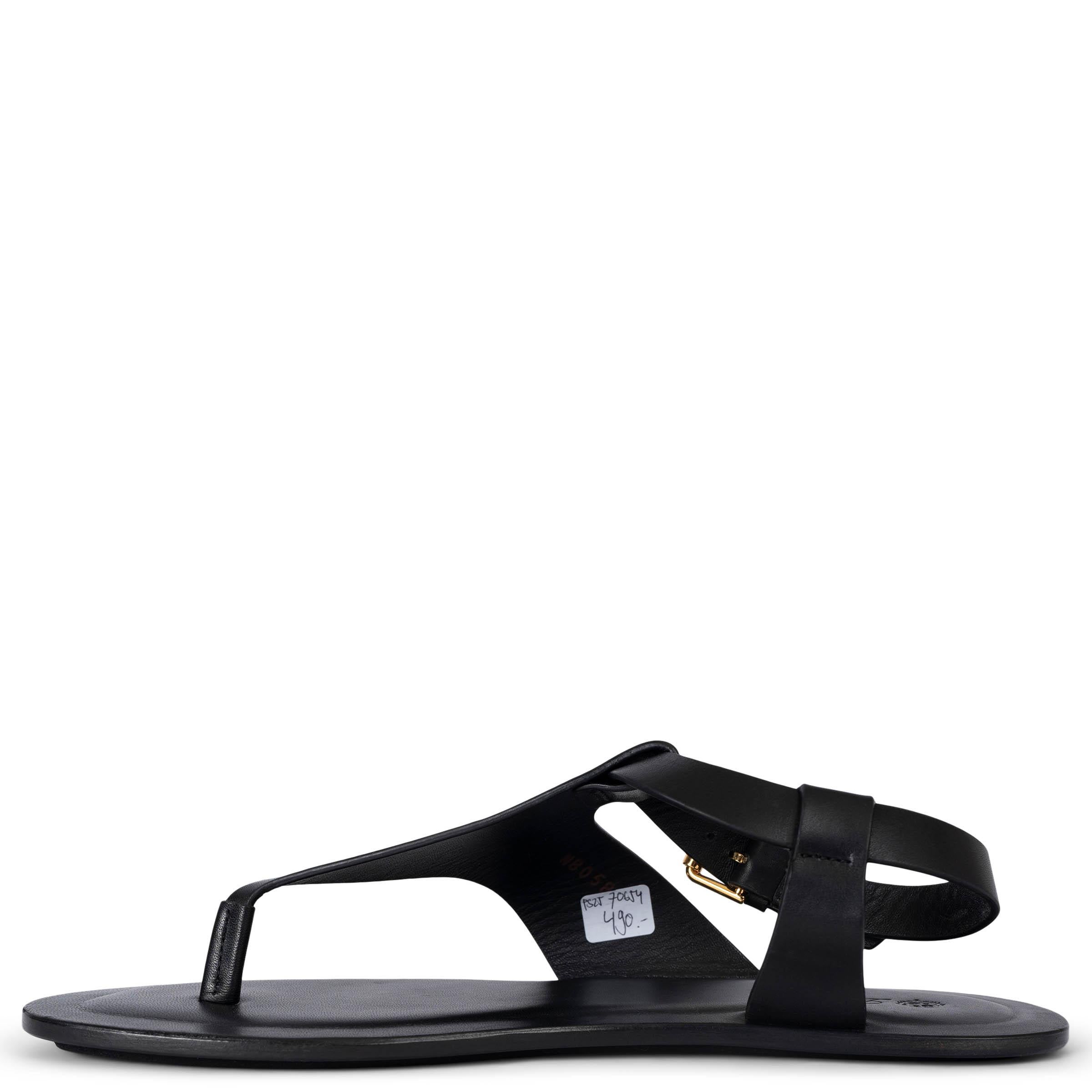 Black LORO PIANA black leather 2024 TRANI Flat Thong Sandals Shoes 38.5 For Sale