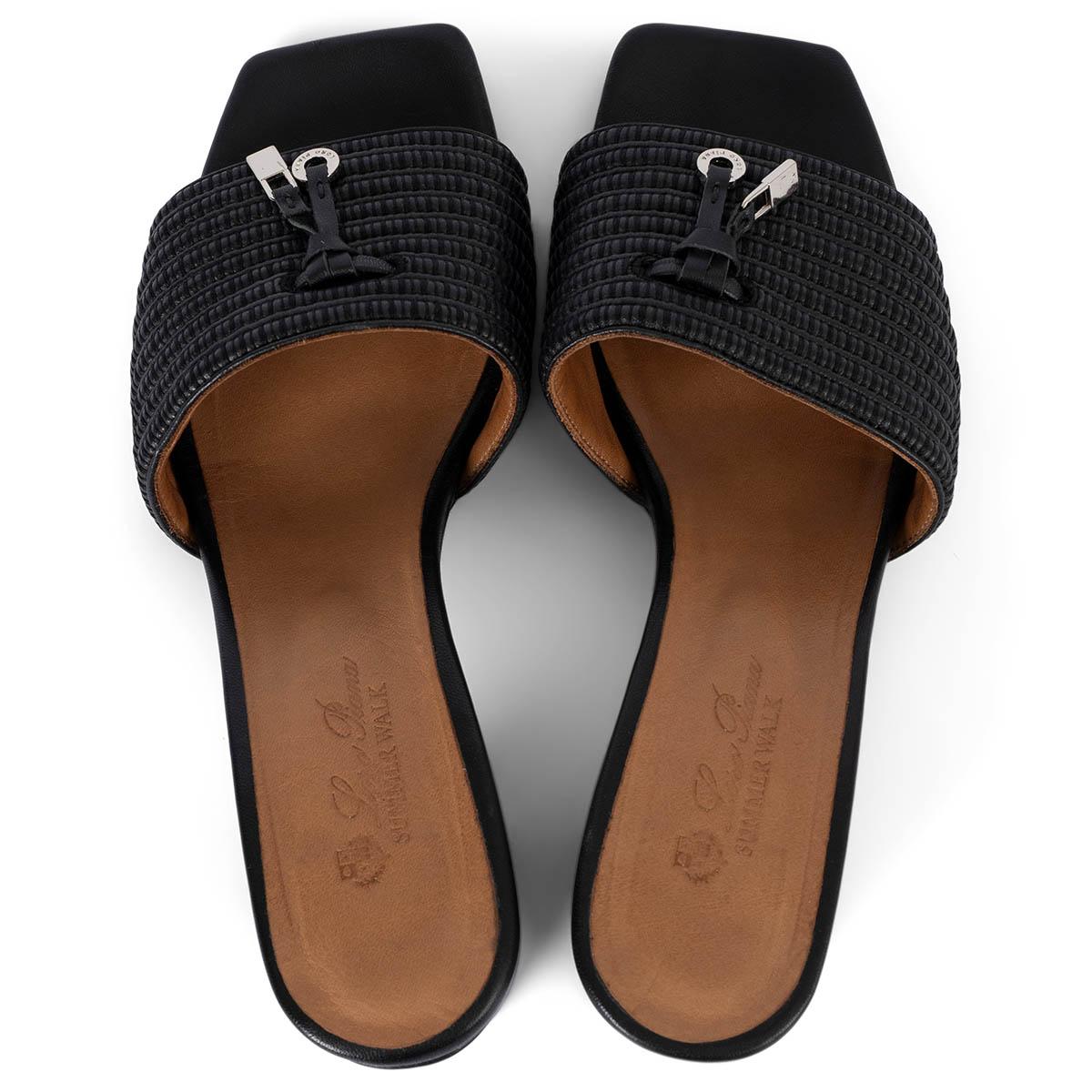LORO PIANA cuir noir et raphia SUMMER WALK Mule Sandales Chaussures 41 fit 40 en vente 1
