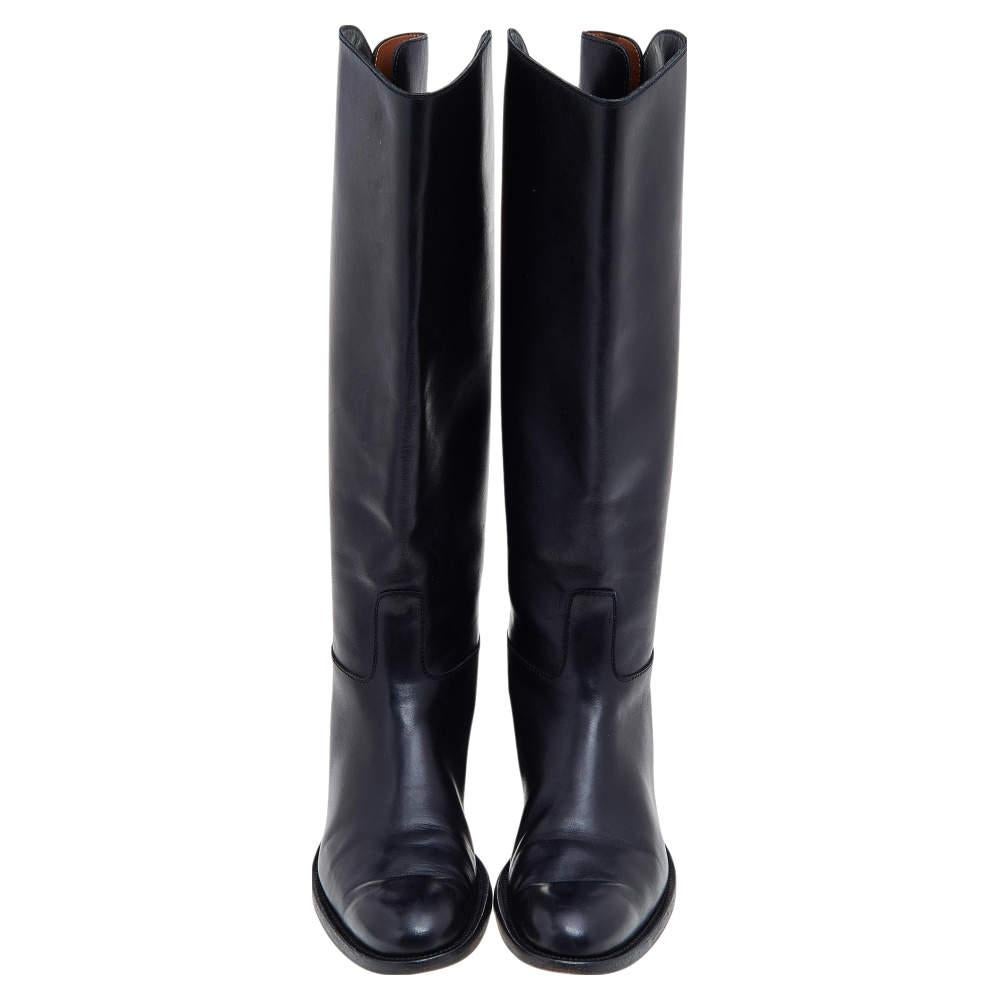 Noir Loro Piana - Bottes d'équitation en cuir noir longueur genou, taille 39 en vente