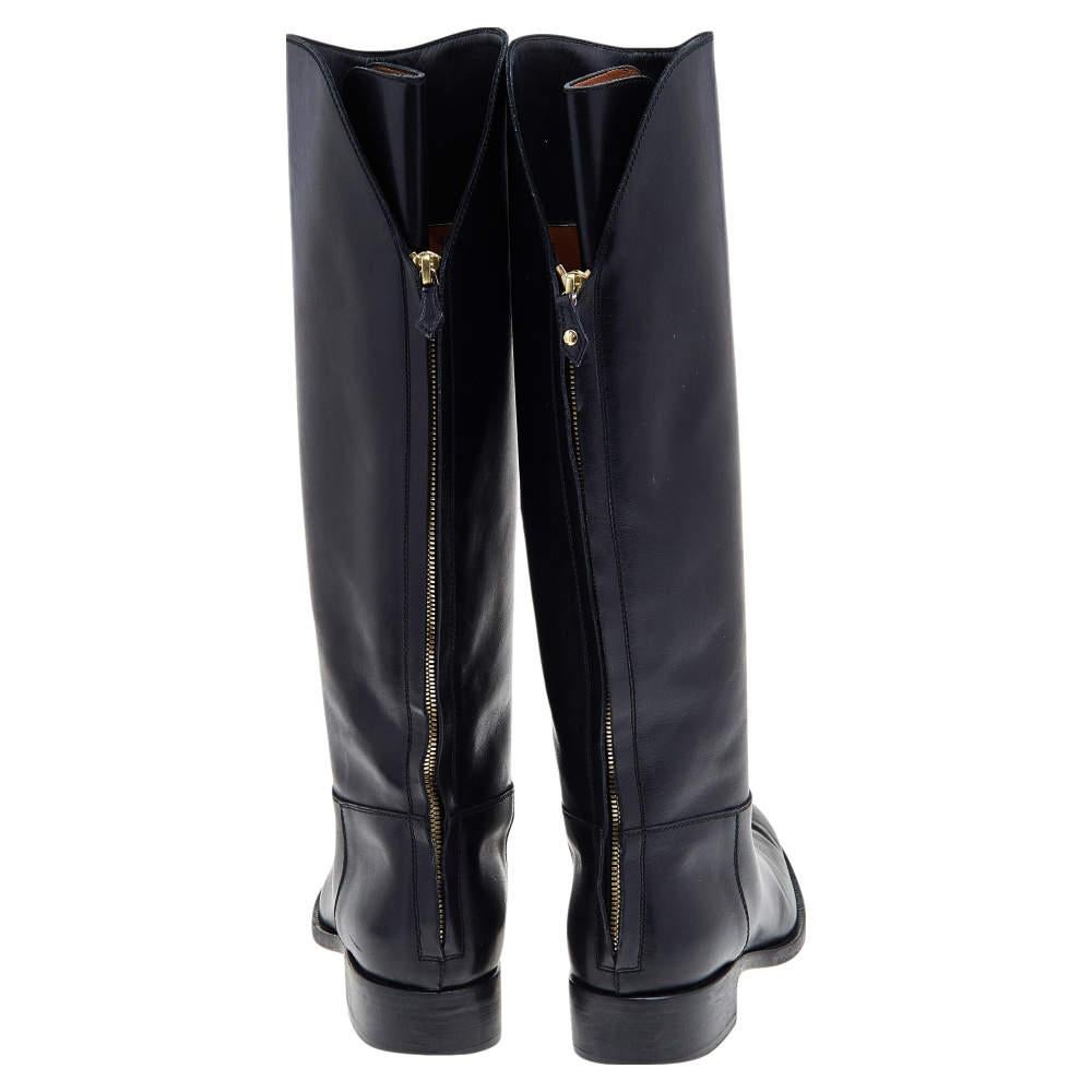 Women's Loro Piana Black Leather Riding Knee Length Boots Size 39 For Sale