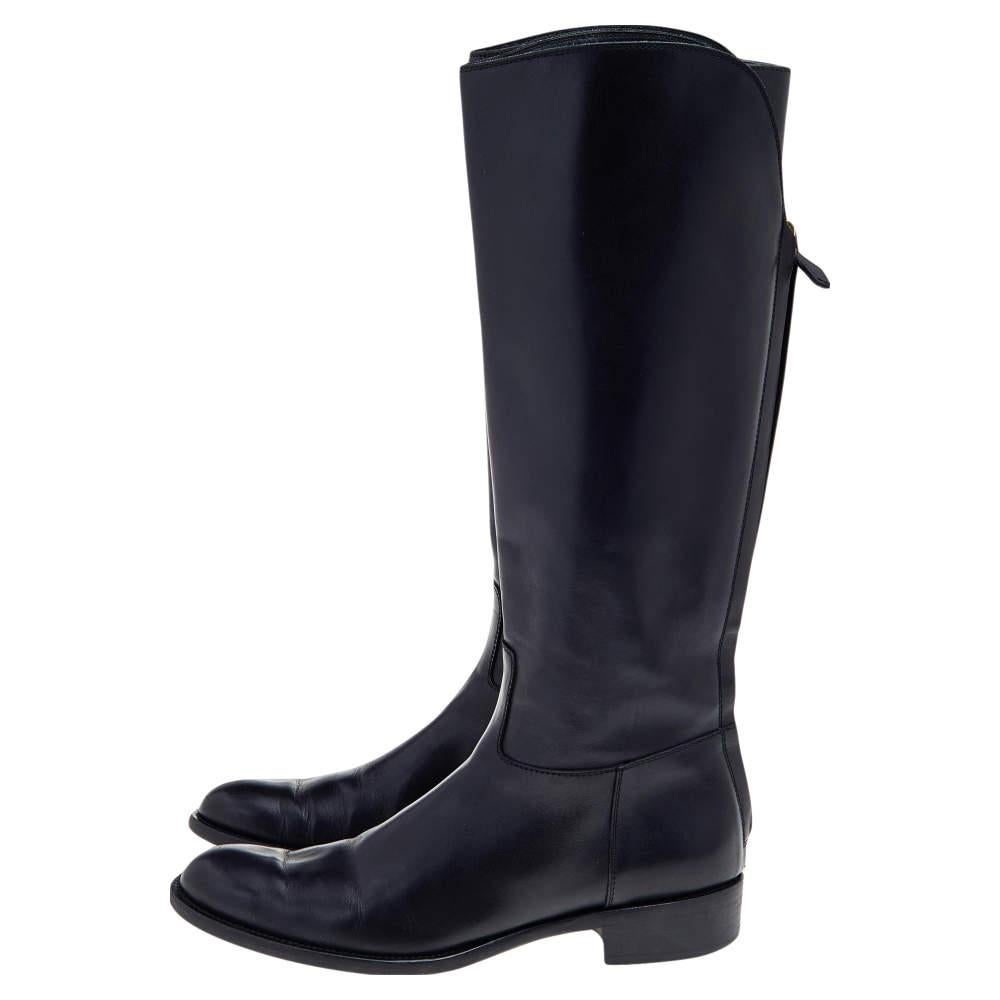 Loro Piana Black Leather Riding Knee Length Boots Size 39 For Sale 1