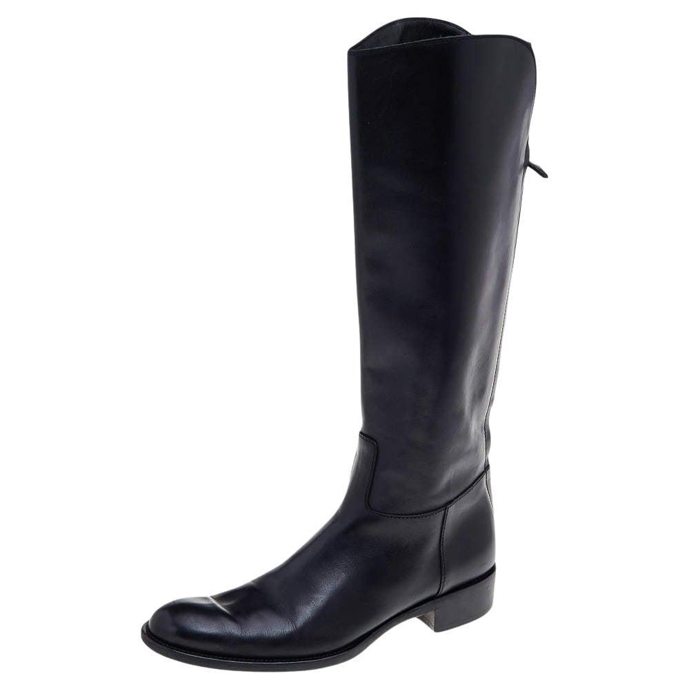 Loro Piana Black Leather Riding Knee Length Boots Size 39 For Sale