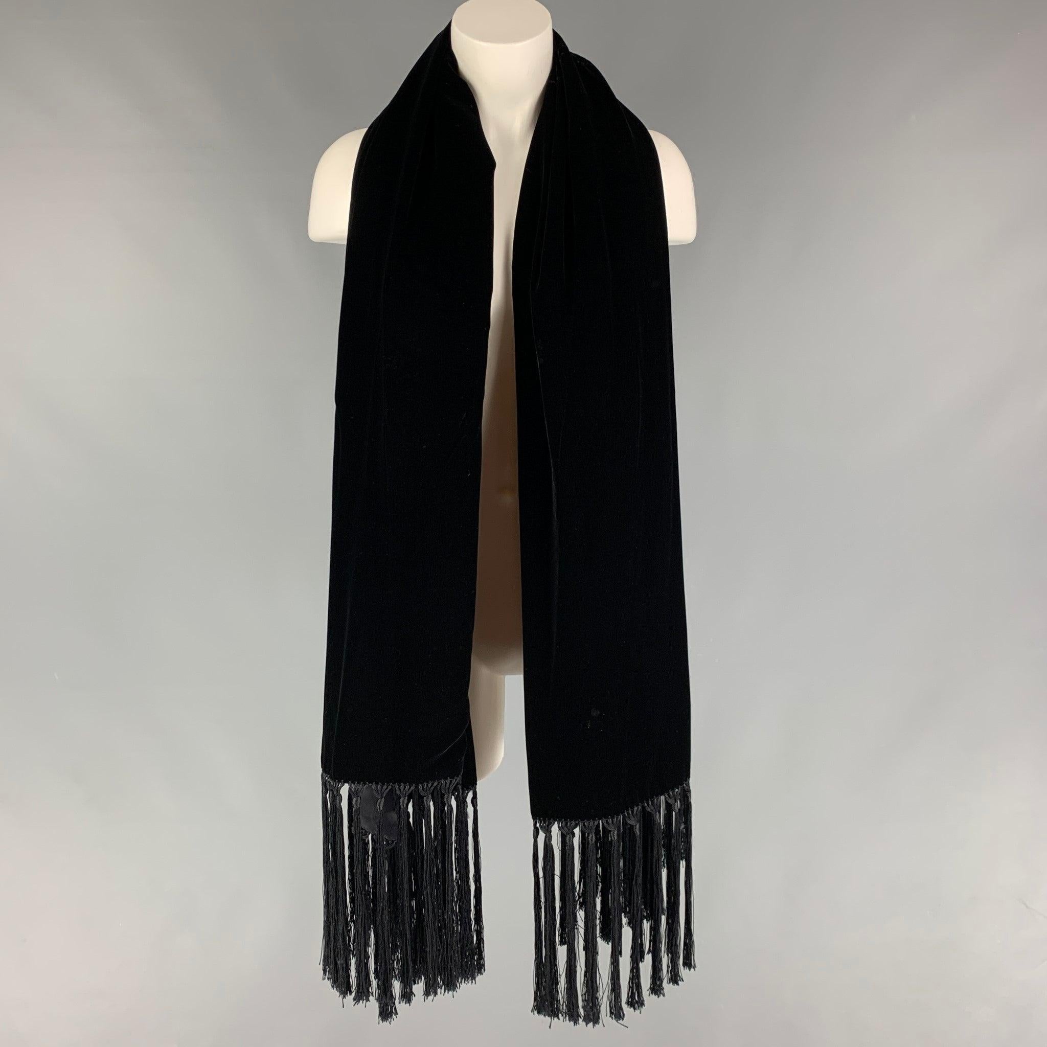 LORO PIANA Black Velvet Viscose Silk Fringe Scarf In Good Condition For Sale In San Francisco, CA