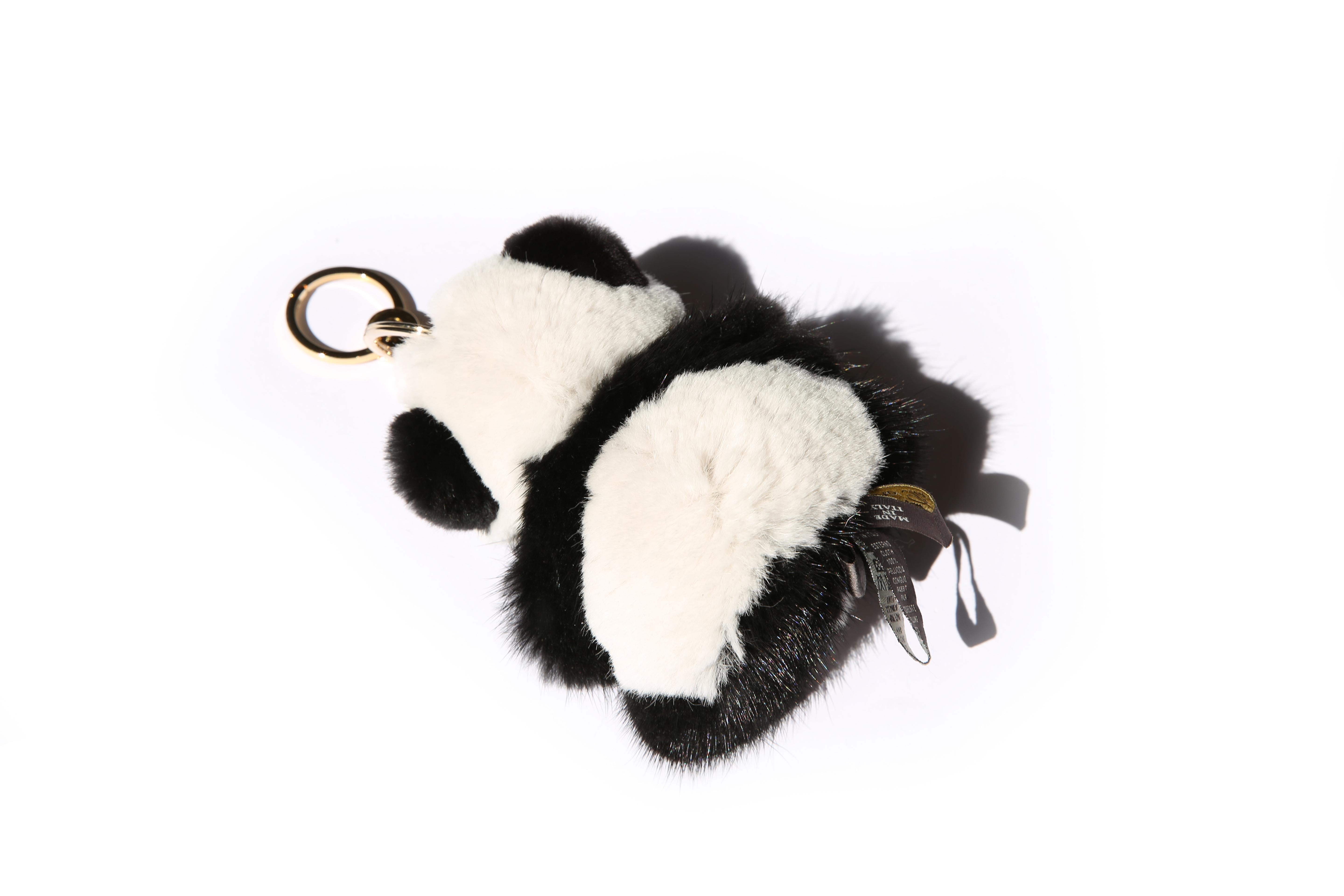 Loro Piana black white rabbit fur panda animal gold bag fob keyring  In Excellent Condition In Paris, FR