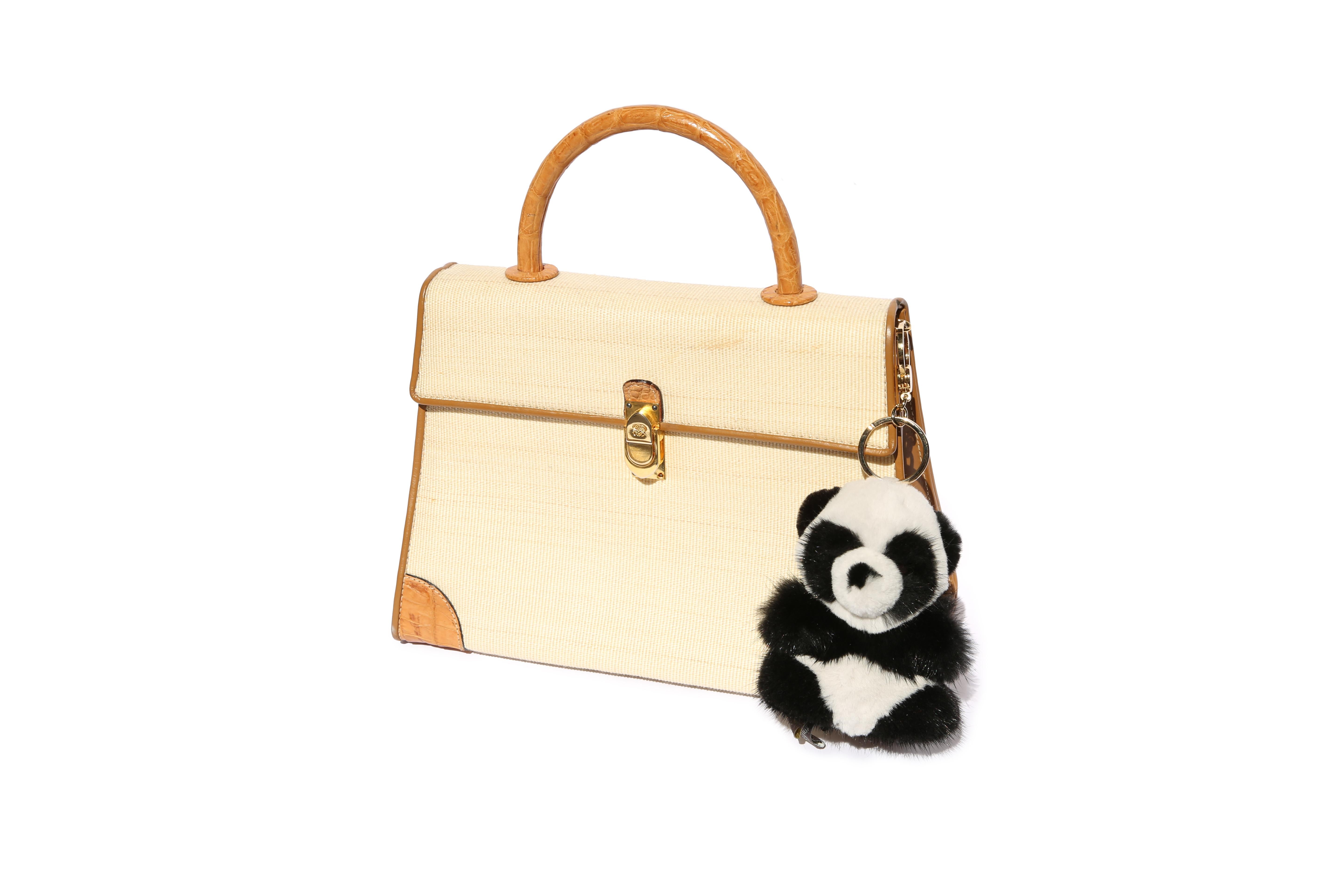 Loro Piana black white rabbit fur panda animal gold bag fob keyring  3
