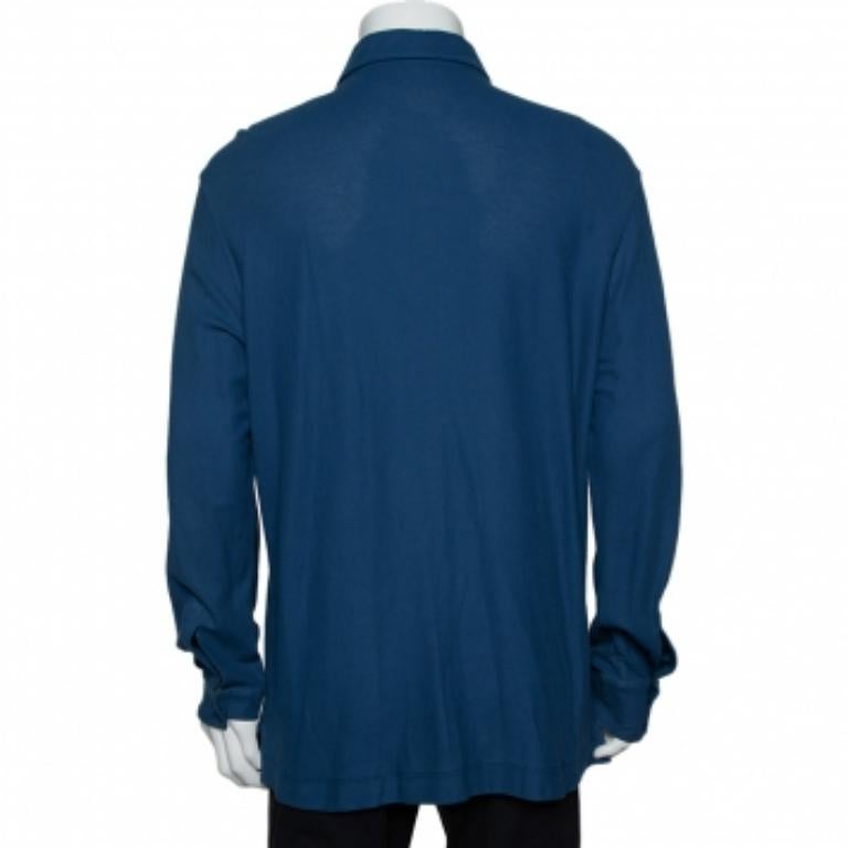 Loro Piana Blue Cotton Pique long Sleeve Polo T Shirt 3XL In Good Condition In Dubai, Al Qouz 2