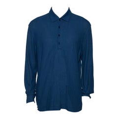 Loro Piana Blaues langärmeliges Polo-T-Shirt aus Baumwollkissen 3XL