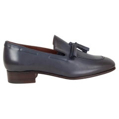 LORO PIANA blue leather BURNISHED TASSEL Loafers Flats Shoes 36