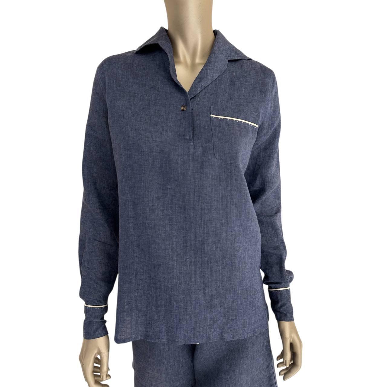 Loro Piana Blaues Leinenhemd & Shorts Set - Größe 38 im Zustand „Hervorragend“ im Angebot in Krakow, PL